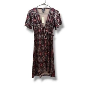 Angie by Francesca's Paisley Midi Dress Small Burgundy Boho High Low Wrap Tassel